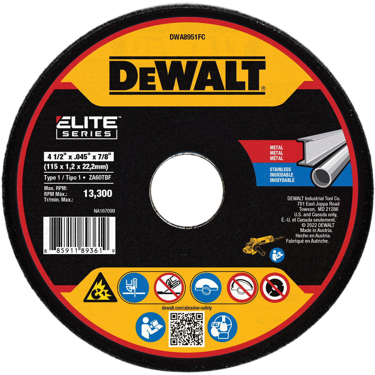 DeWalt DWA8951FC ELITE SERIES CERAMIC 4-1/2 inch x .045 inch x 7/8 inch Type 1 Metal Cutting Cut-Off Wheel showing with label