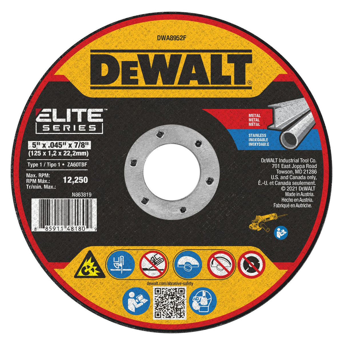DeWalt DWA8952F 5 inch x .045 inch x 5/8 inch Type 1 Metal Cutting Cut-Off Wheel showing with label