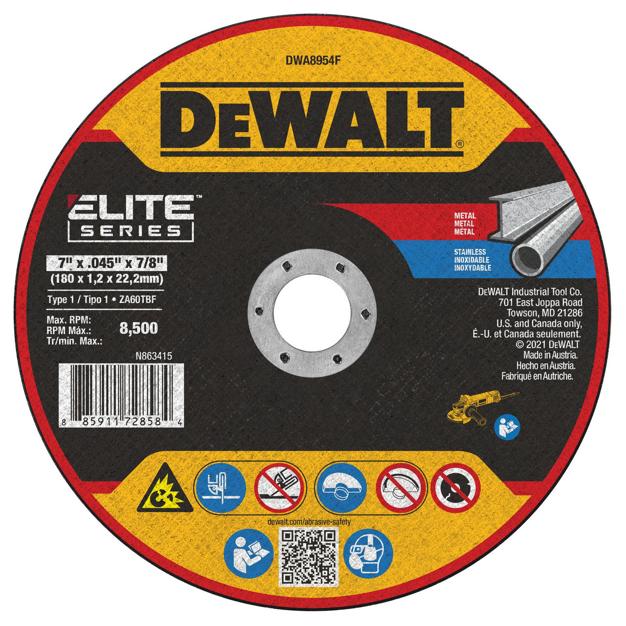 DeWalt DWA8954F ELITE SERIES 7 inch x .045 inch x 5/8 inch Type 1 Metal Cutting Cut-Off Wheel showing with label