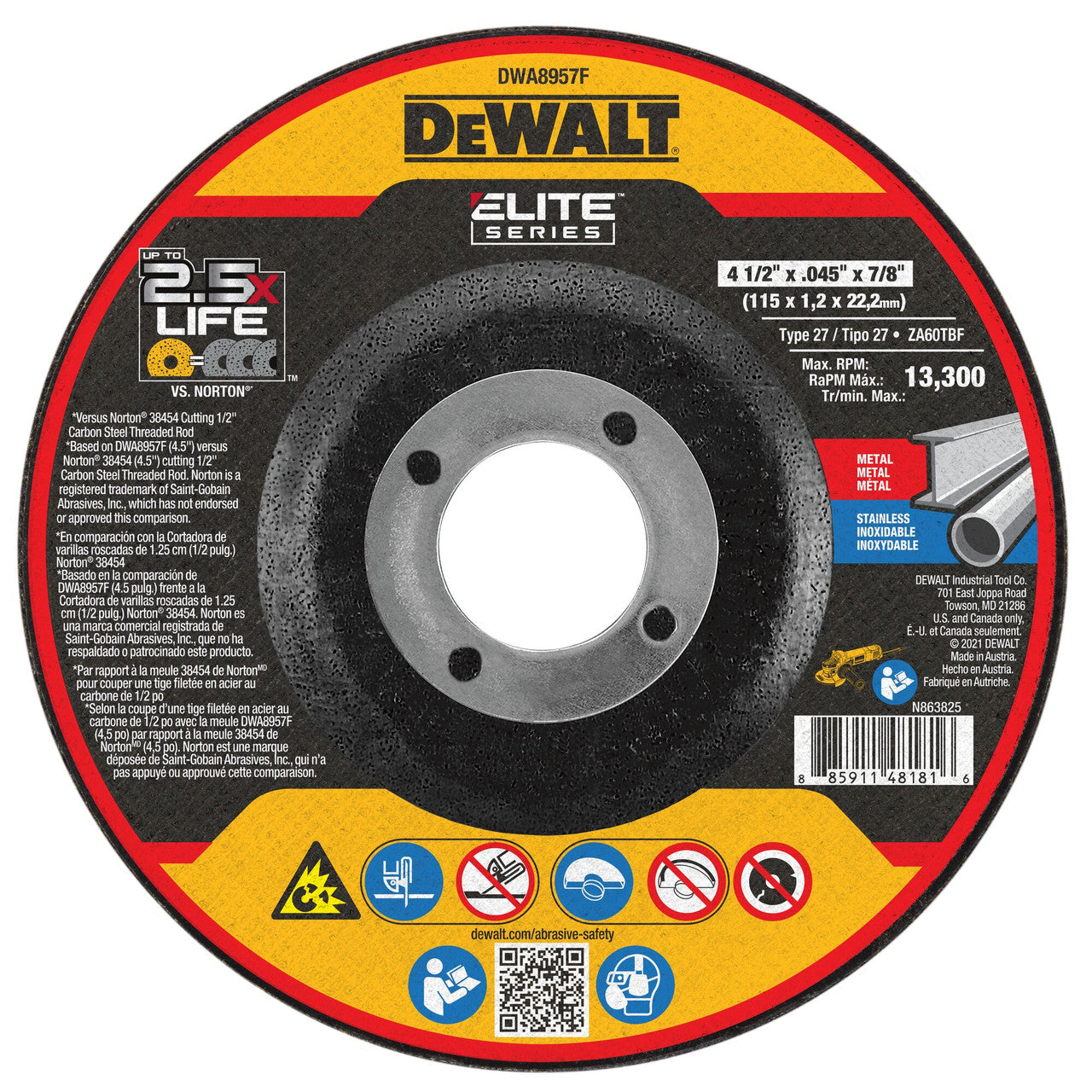 DeWalt DWA8957F ELITE SERIES CERAMIC 4-1/2 inch x .045 inch x 7/8 inch Type 27 Metal Cutting Cut-Off Wheel showing with label