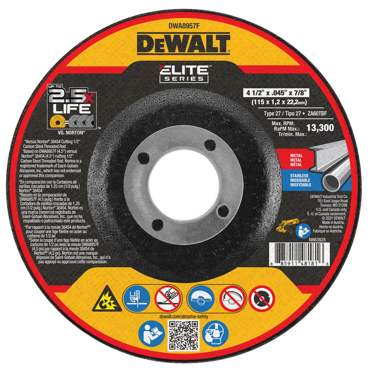 DeWalt DWA8957F ELITE SERIES CERAMIC 4-1/2 inch x .045 inch x 7/8 inch Type 27 Metal Cutting Cut-Off Wheel showing with label