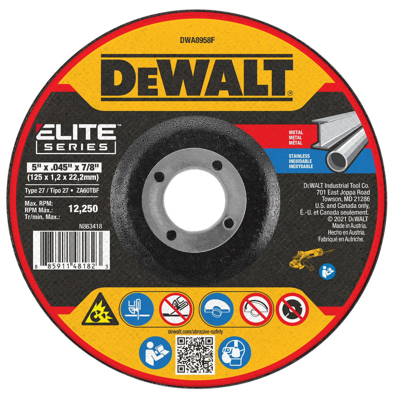 DeWalt DWA8958F ELITE SERIES 5 inch x .045 inch x 7/8 inch Type 27 Metal Cutting Cut-Off Wheel showing with label