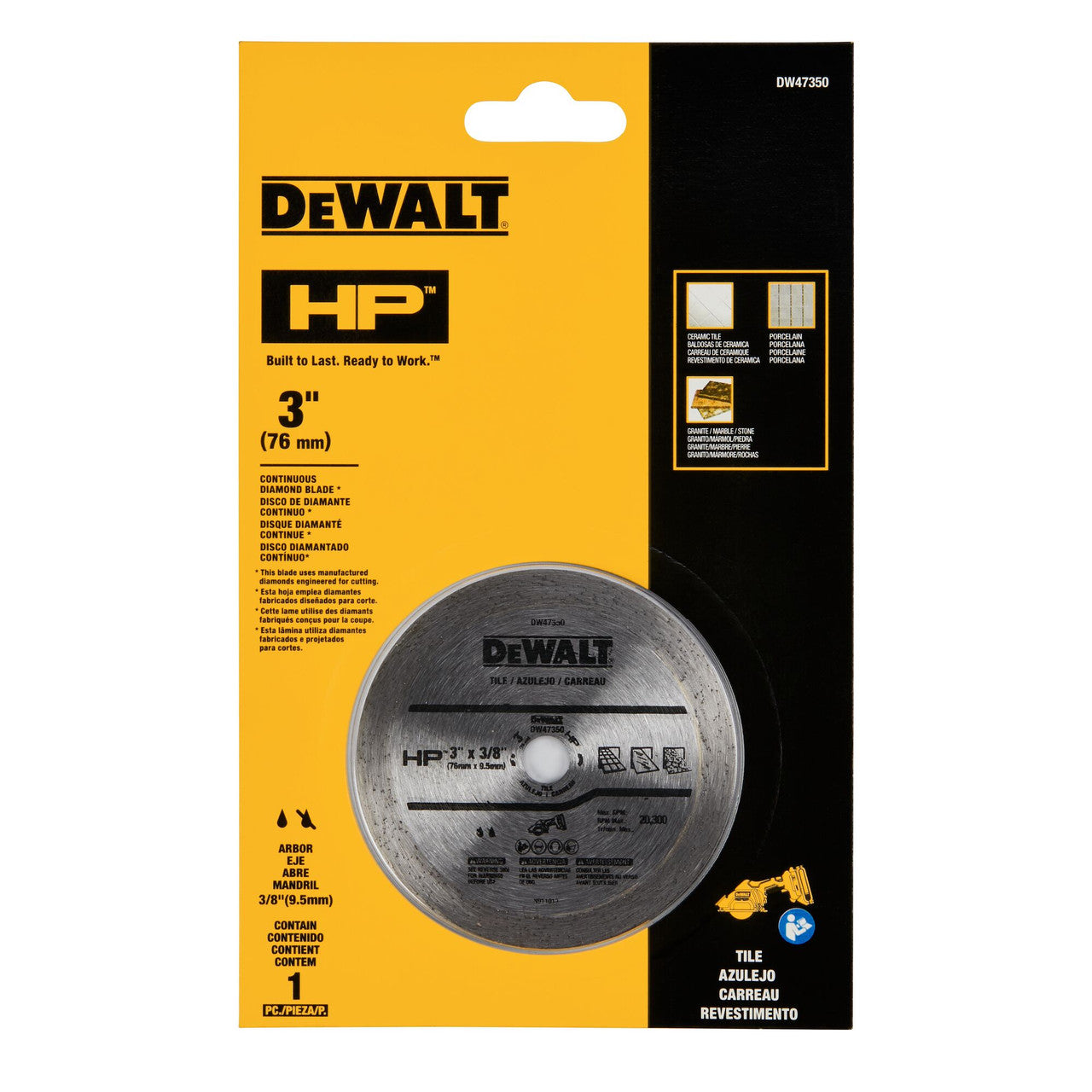 DeWalt DW47350 HP 3 inch Continuous Diamond Rim Tile Blade showing in packaging
