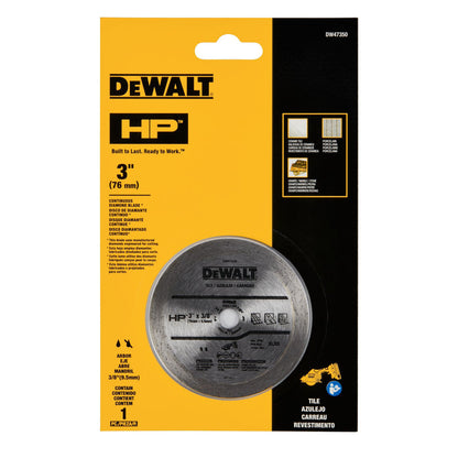 DeWalt DW47350 HP 3 inch Continuous Diamond Rim Tile Blade showing in packaging