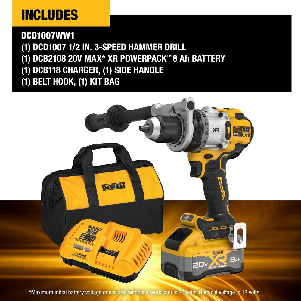 DeWalt DCD1007WW1 20V MAX XR Cordless Brushless 1/2 Inch 3-Speed Hammer Drill Kit showing what is included in the kit