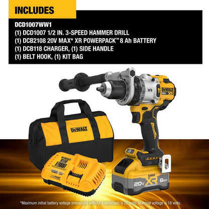 DeWalt DCD1007WW1 20V MAX XR Cordless Brushless 1/2 Inch 3-Speed Hammer Drill Kit showing what is included in the kit