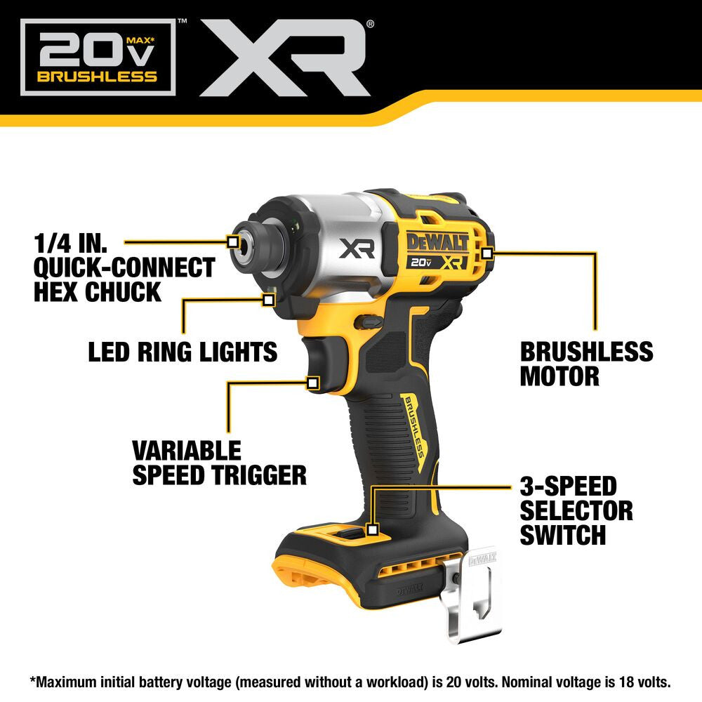 DeWalt DCF845B 20V MAX XR Cordless Brushless 3-Speed 1/4 Inch Impact Driver (Tool Only)