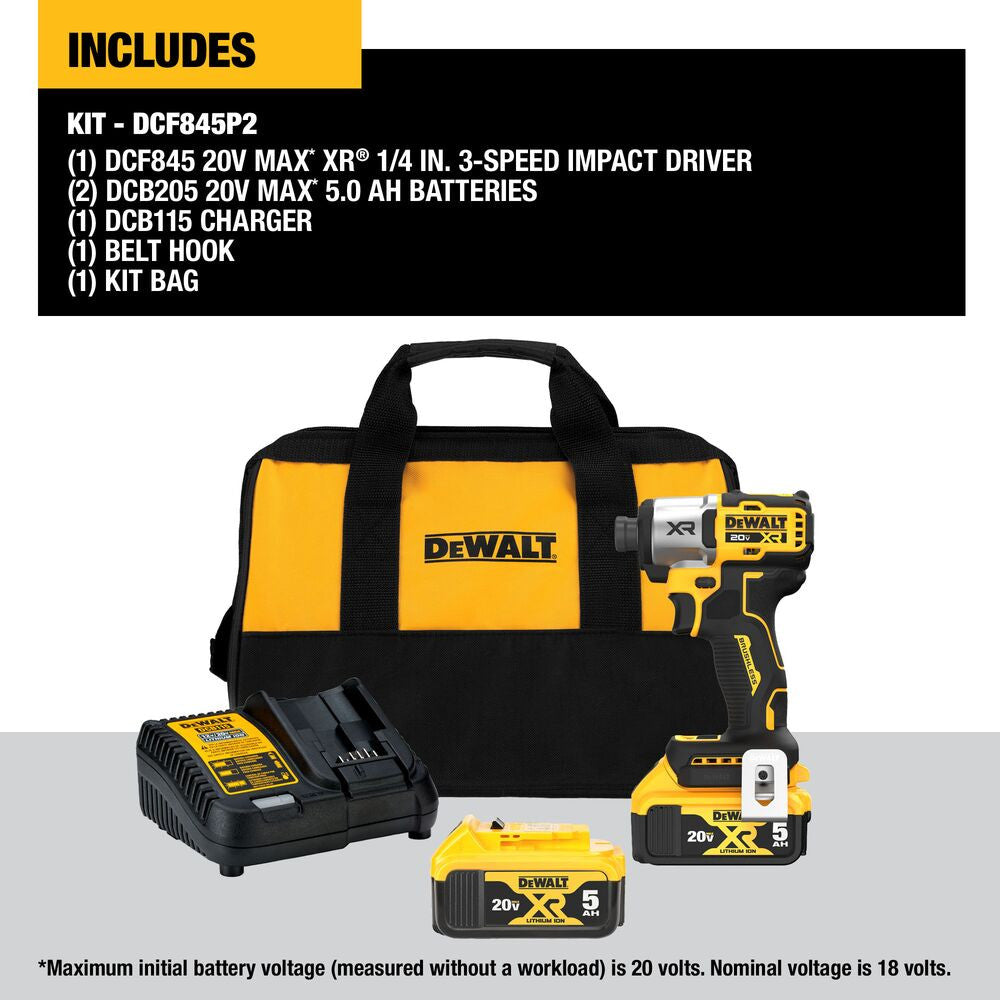 DeWalt DCF845P2 20V MAX XR Cordless Brushless 3-Speed 1/4 Inch Impact Driver Kit