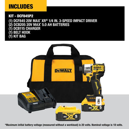 DeWalt DCF845P2 20V MAX XR Cordless Brushless 3-Speed 1/4 Inch Impact Driver Kit