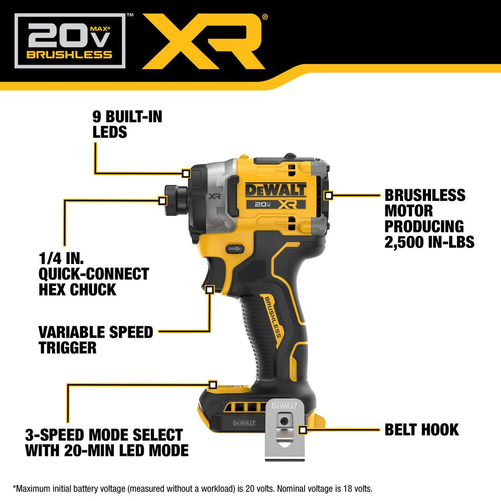 DeWalt DCF860B 20V MAX XR Cordless Brushless 3-Speed High-Torque 1/4 Inch Impact Driver (Tool Only)