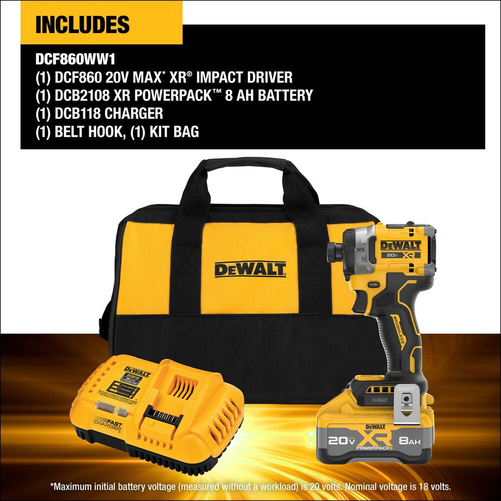 DeWalt DCF860WW1 20V MAX XR Cordless Brushless 3-Speed High-Torque 1/4 Inch Impact Driver Kit