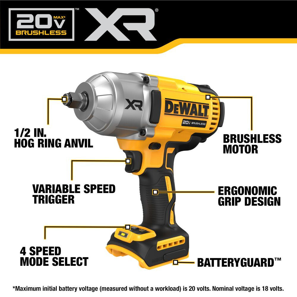 DeWalt DCF900B 20V MAX XR Cordless High Torque 1/2 Inch Impact Wrench with Hog Ring (Tool Only)