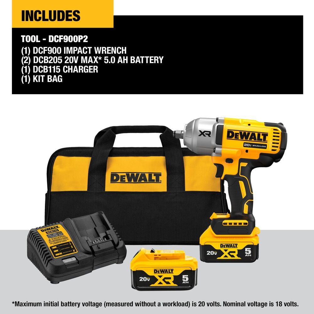 DeWalt DCF900P2 20V MAX XR Cordless High Torque 1/2 inch Impact Wrench with Hog Ring Anvil Kit