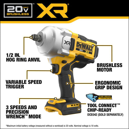 DeWalt DCF961B 20V MAX XR Cordless Brushless High Torque 1/2 Inch Impact Wrench with Hog Ring Anvil (Tool Only)