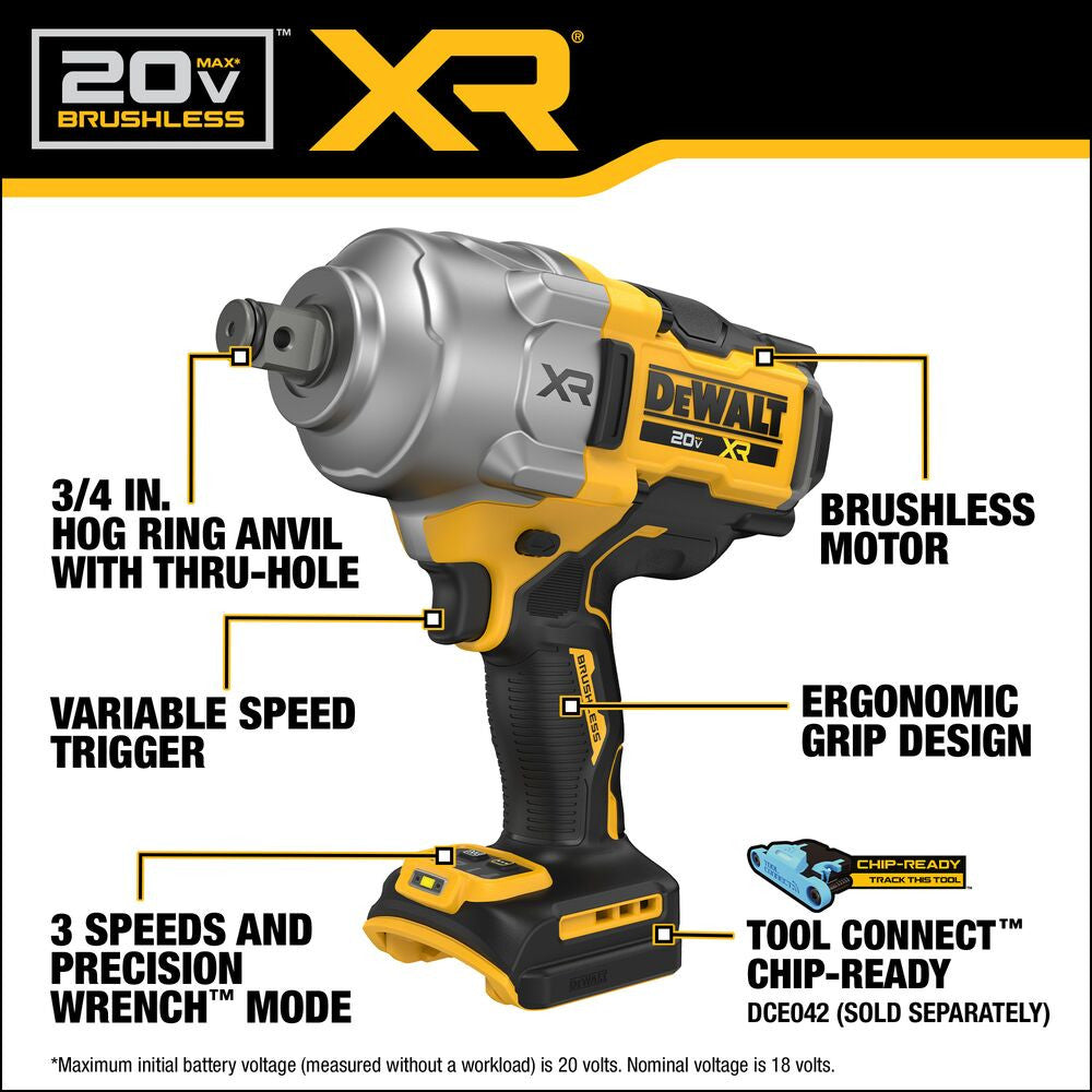 DeWalt DCF964B 20V MAX XR Cordless Brushless High Torque 3/4 Inch Impact Wrench with Hog Ring Anvil (Tool Only)