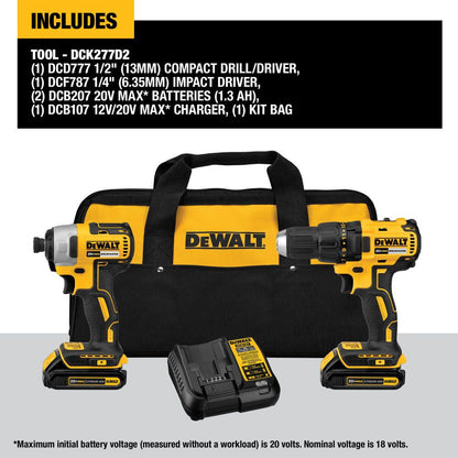 DeWalt DCK277D2 20V MAX 2-Tool Cordless Compact Brushless 1/2 inch Drill/Driver  and 1/4 inch Impact Driver Combo Kit