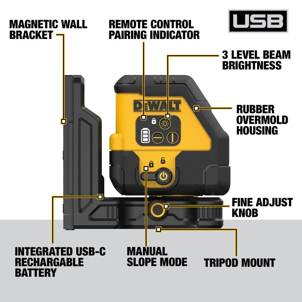 DeWalt DCLE14201RB USB Rechargeable Red Cross Line Laser Kit