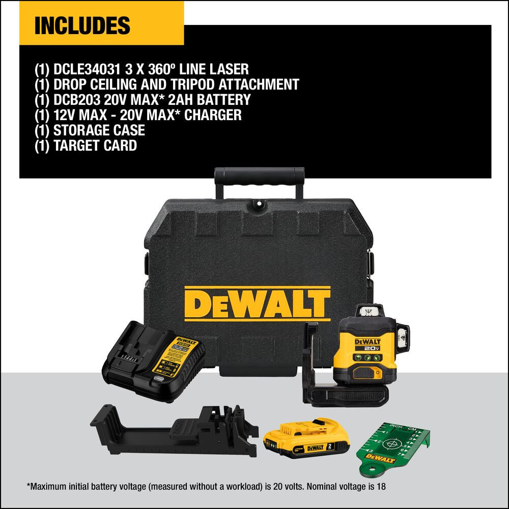 DeWalt DCLE34031D1  20V MAX 3 x 360 degree Green Line Laser Kit showing inclusions of the kit
