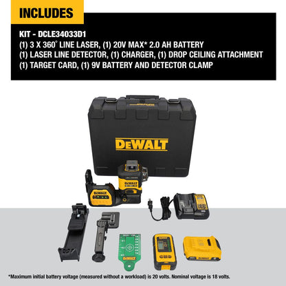 DeWalt DCLE34033D1 20V MAX 3 x 360 Degree High Precision Green Line Laser Kit