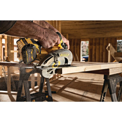 DeWalt DCS578X1 FLEXVOLT 60V MAX Brushless 7-1/4 inch Cordless Circular Saw on the jobsite, cutting