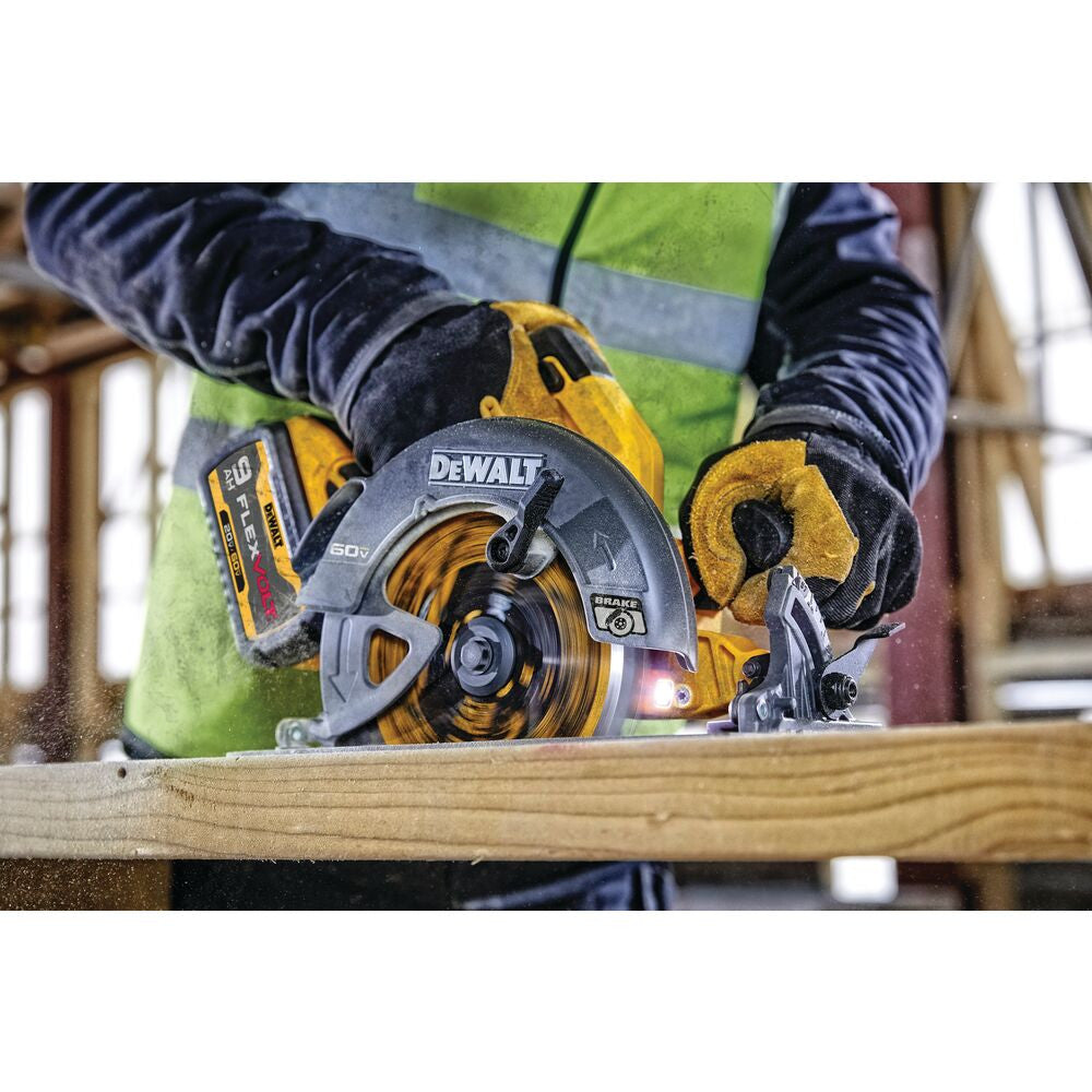 DeWalt DCS578X1 FLEXVOLT 60V MAX Brushless 7-1/4 inch Cordless Circular Saw on the jobsite, cutting