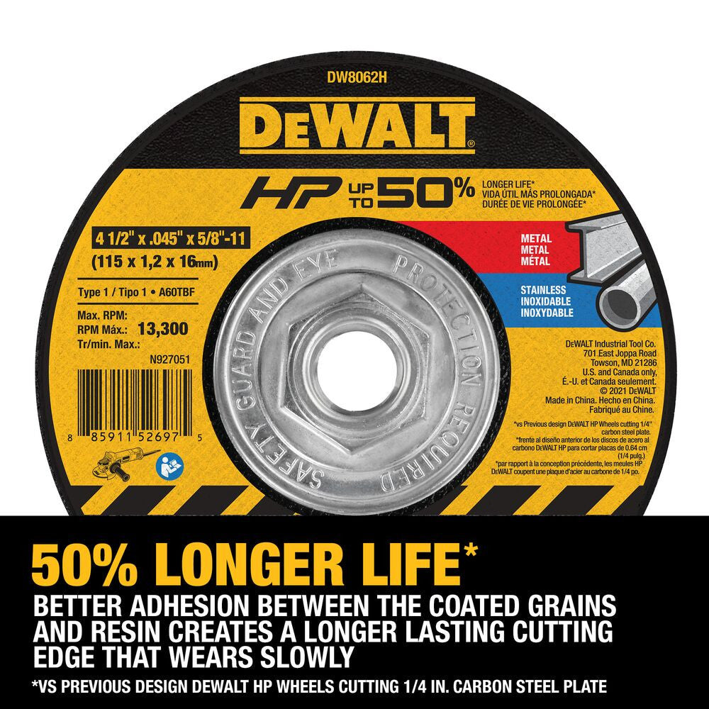 DeWalt DW8062 4-1/2 Inch x .045 Inch x 7/8 Inch Type 42 HP Metal / Stainless Steel Cutting Cut-Off Wheel