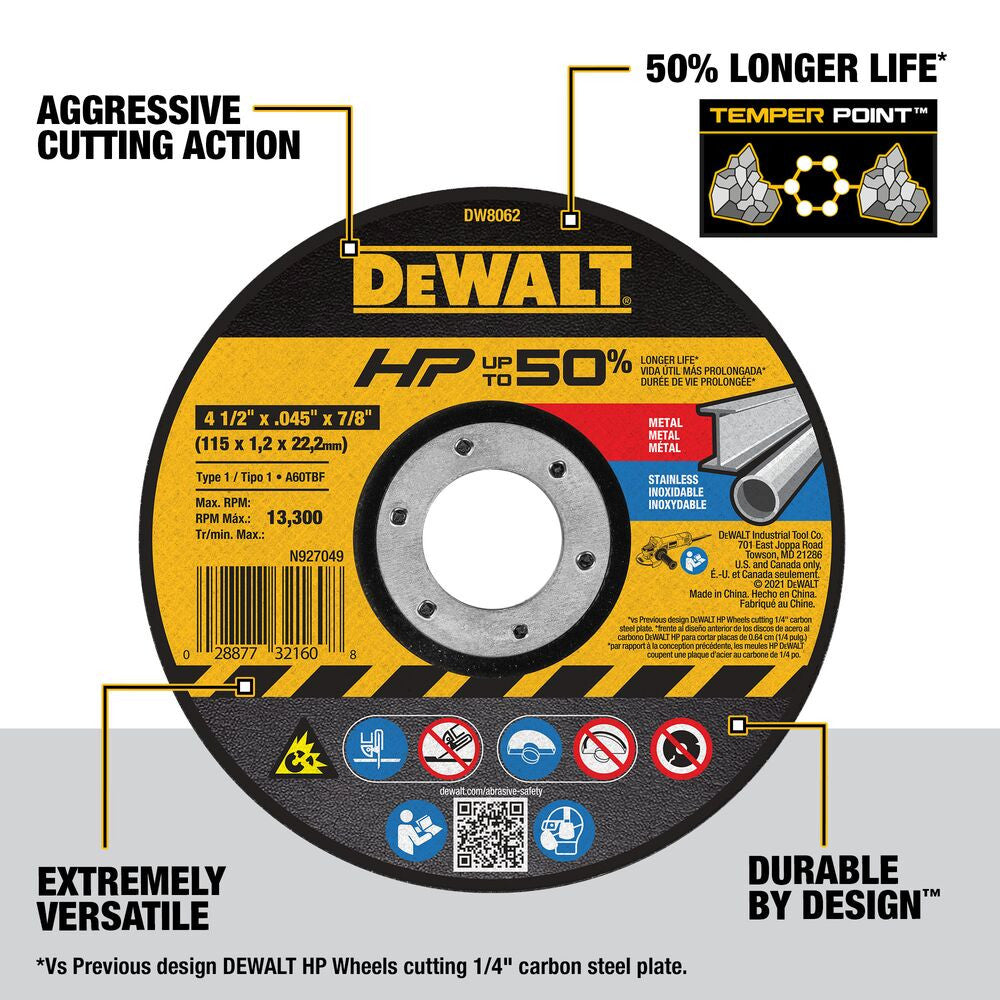 DeWalt DW8062 4-1/2 Inch x .045 Inch x 7/8 Inch Type 42 HP Metal / Stainless Steel Cutting Cut-Off Wheel