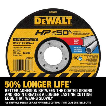 DeWalt DW8062 4-1/2 Inch x .045 Inch x 7/8 Inch Type 42 HP Metal / Stainless Steel Cutting Cut-Off Wheel