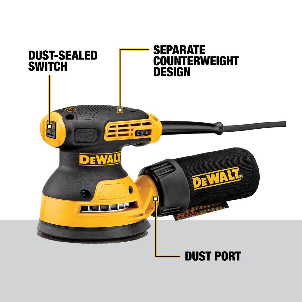 DeWalt DWE6423K 5 inch Variable Speed Random Orbit Sander Kit showing features