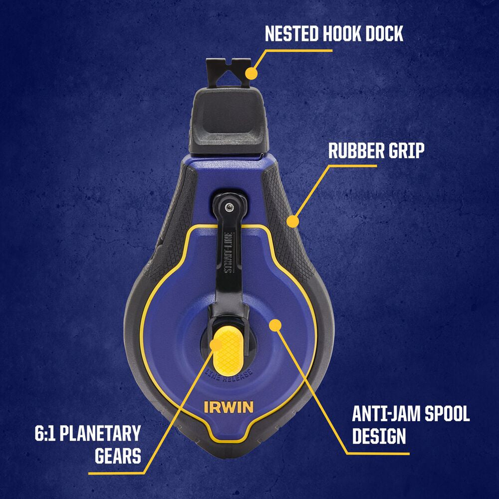 Irwin IWHT48443BC 100 ft. STRAIT-LINE SPEEDLINE PRO Chalk Line Reel with Blue Chalk infographic