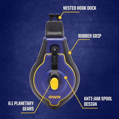 Irwin IWHT48443BC 100 ft. STRAIT-LINE SPEEDLINE PRO Chalk Line Reel with Blue Chalk infographic