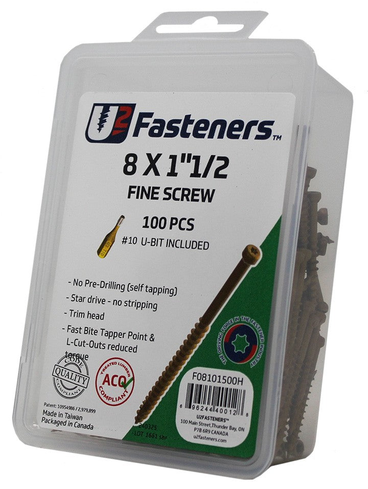 U2 Fasteners Fine Screws 8 x 1-1/2in - 100pk