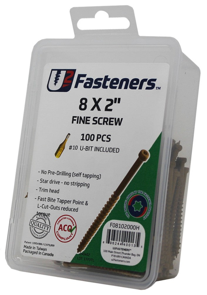 U2 Fasteners Fine Screws 8 x 2in - 100pk