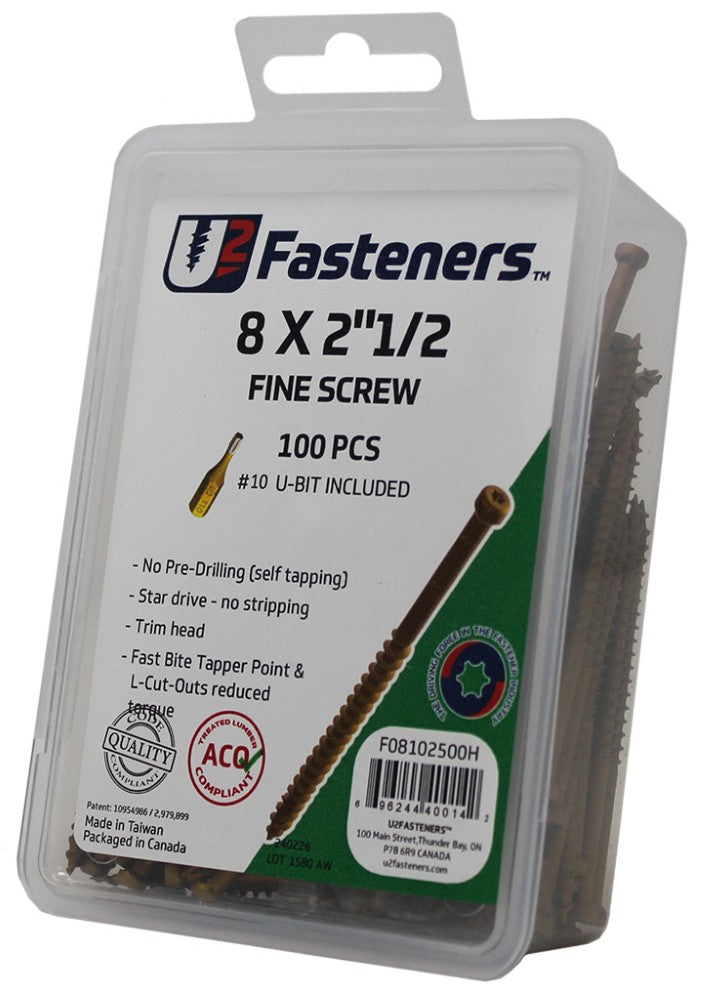 U2 Fasteners Fine Screws 8 x 2-1/2in - 100pk