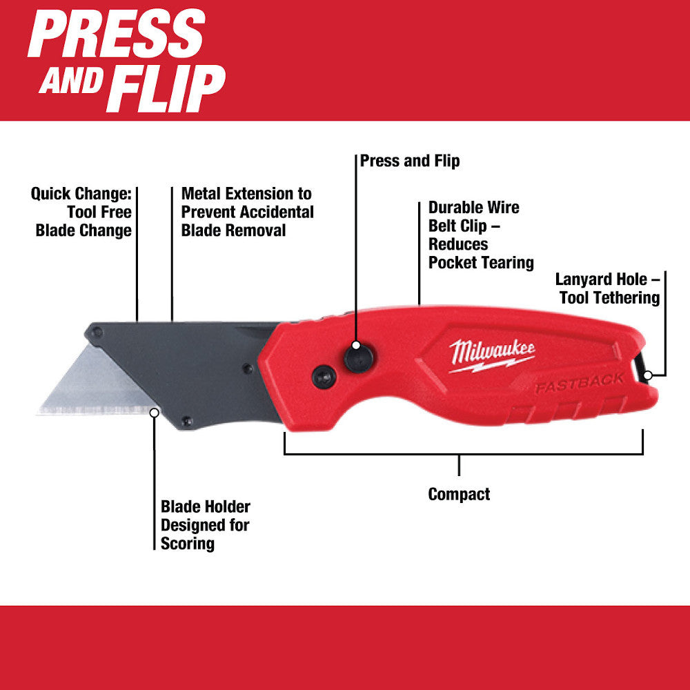 Milwaukee 48-22-1500 FASTBACK Compact Folding Utility Knife showing features of the knife
