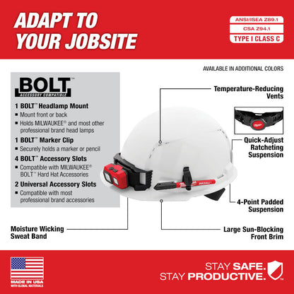 Milwaukee 48-73-1200 BOLT White Type 1 Class C Front Brim Vented Hard Hat with 4 Point Ratcheting Suspension