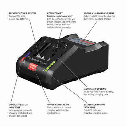 GAL18V-160C 18V 16 Amp Battery Turbo Charger with Power Boost showing with features