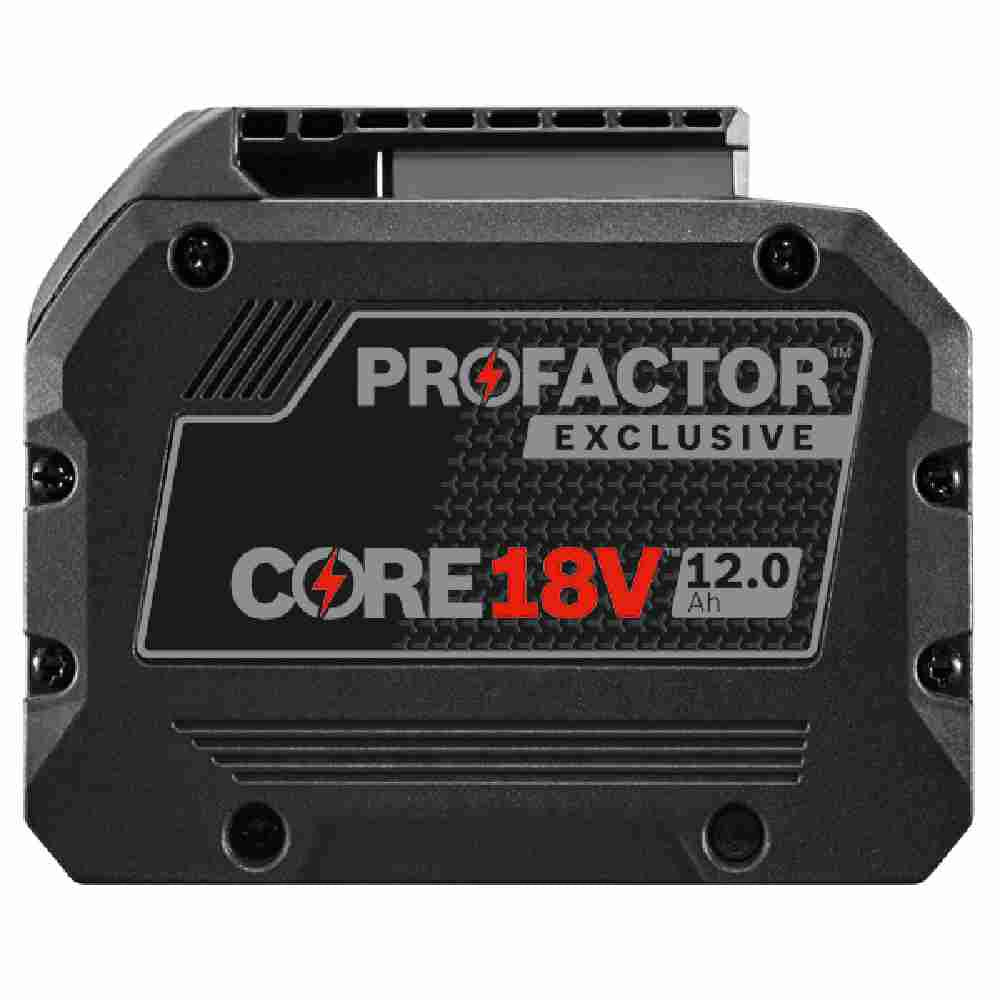 Bosch GBA18V120 18V CORE18V Li-Ion 12.0 Ah PROFACTOR Performance Battery showing side angle