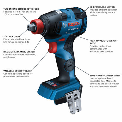 Bosch GDX18V-1800 Freak 18V Cordless Brushless 1/4 inch  and 1/2 inch Two-In-One Bit/Socket Impact Driver (Tool Only) showing features of the impact tool