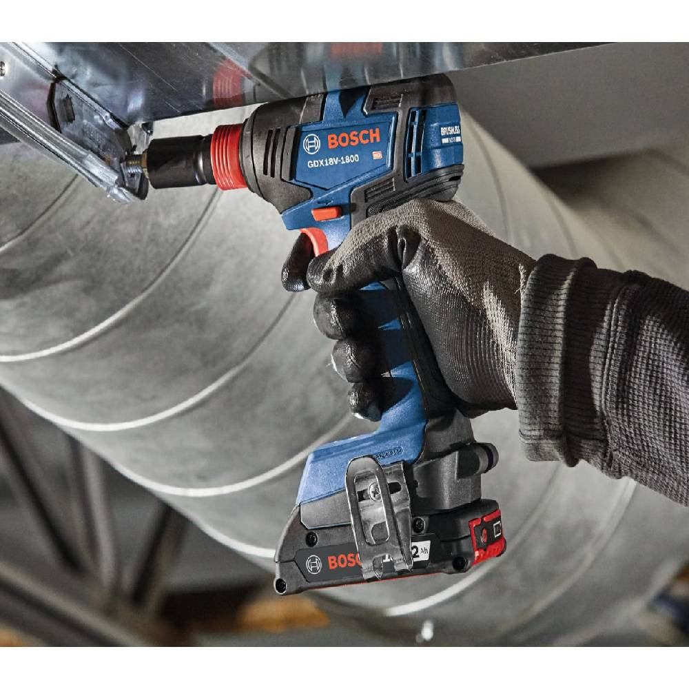 Bosch GDX18V-1800B12 18V Two-In-One 1/4 inch and 1/2 inch Bit/Socket Impact Driver/Wrench Kit showing in use fastening a HVAC bracket with a socket