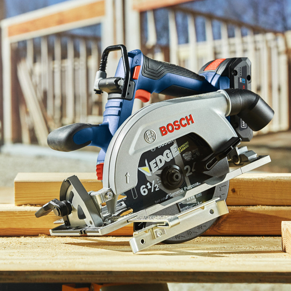 Bosch GKS18V-22LN 18V Cordless Brushless 6-1/2 inch Blade-Left Circular Saw (Tool Only) showing saw resting on a stack lumber on a jobsite between cuts