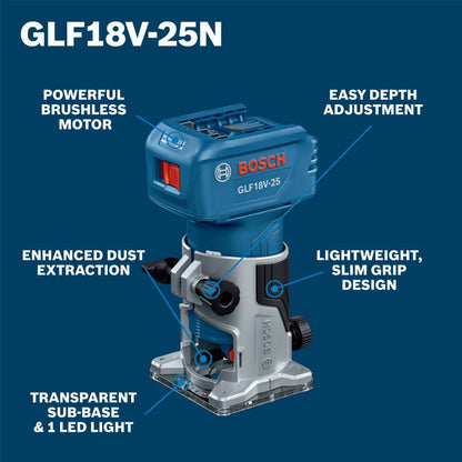 Bosch GLF18V-25N 18V Cordless Brushless Laminate Trim Palm Router (Tool Only)  showing features of the tool