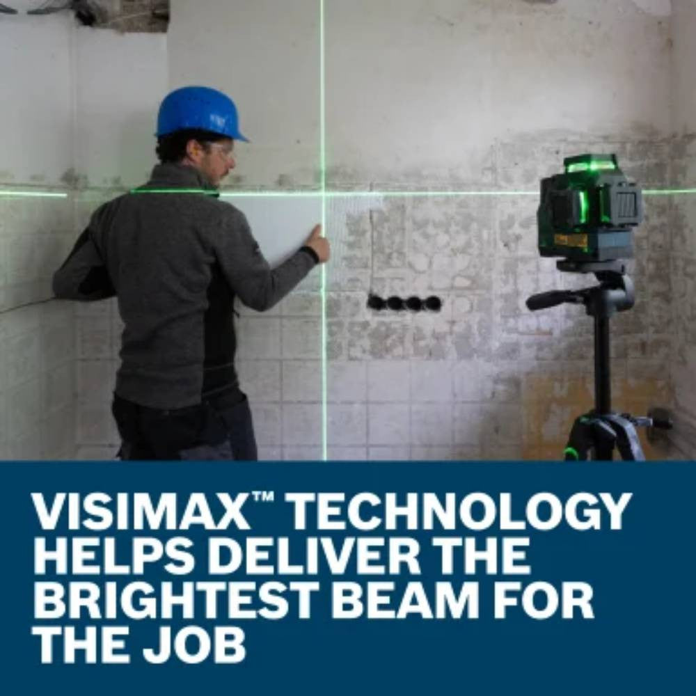 Bosch GLL330-42CGL 12V Max 360 Degree Green-Beam Three-Plane Leveling & Alignment Laser Kit showing in use plumbing and leveling grid for installing wall tile while talking about the quality of the laser line
