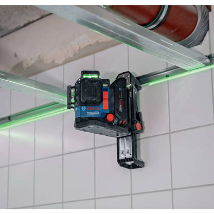 Bosch GLL330-80CGN 18V 360 Degree Green-Beam Three-Plane Leveling & Alignment Laser (Tool Only) showing in use leveling suspending ceiling hardware (Battery sold separately)