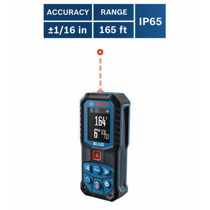 Bosch GLM165-22 BLAZE 165 feet Laser Measure showing features of the distance measurer