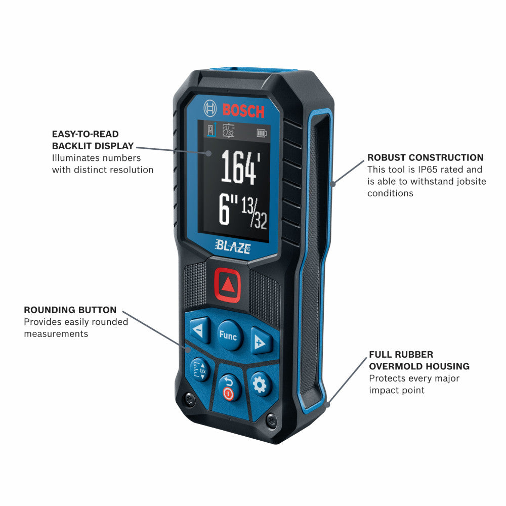 Bosch GLM165-22 BLAZE 165 feet Laser Measure showing features of the distance measurer