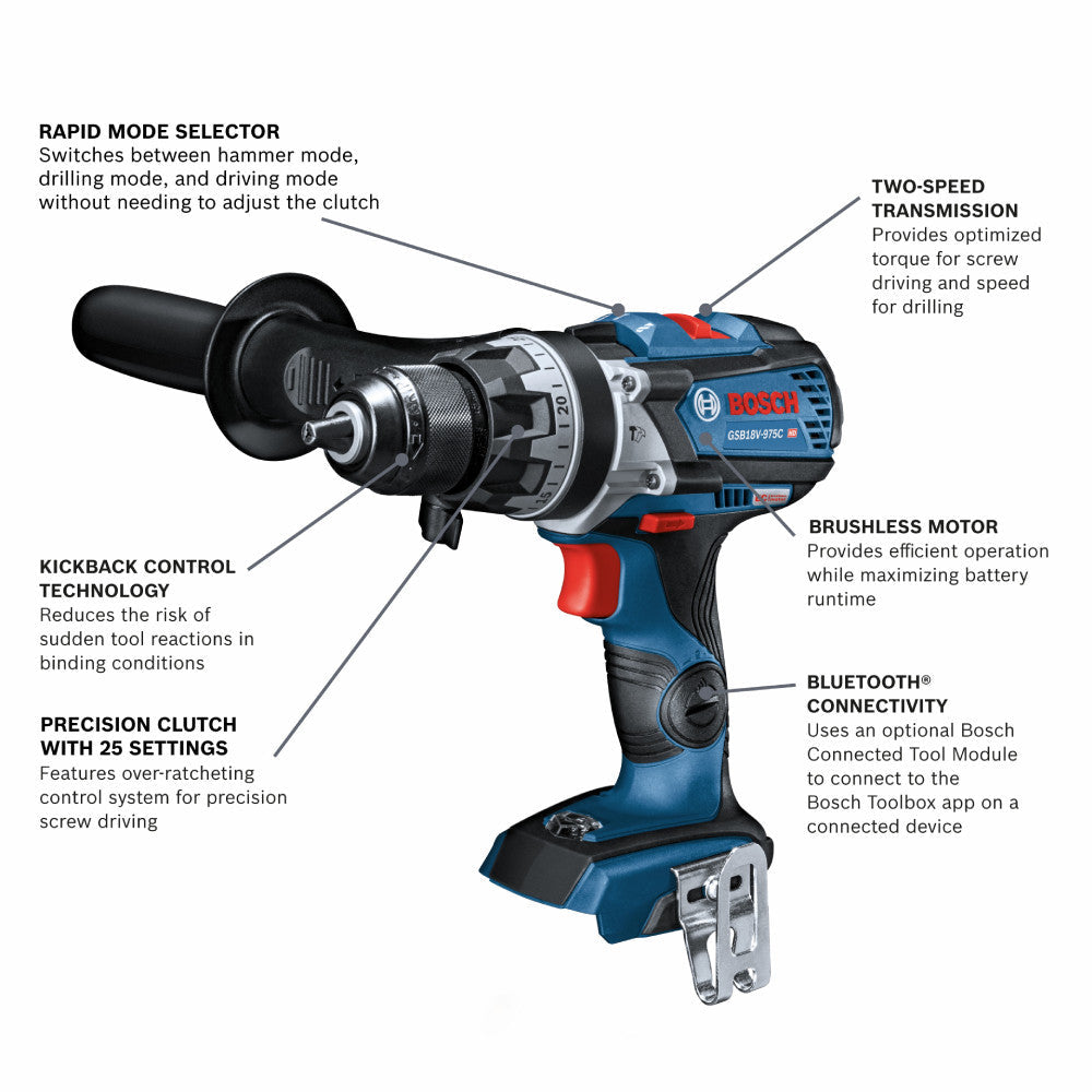 Bosch GSB18V-975CN 18V Cordless Brushless 1/2 inch Hammer Drill/Driver (Tool Only) showing features of the drill