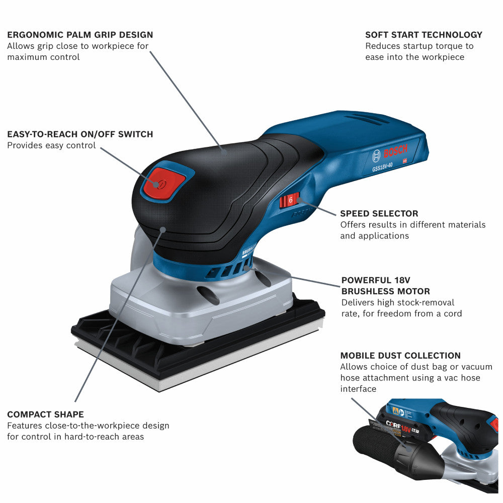 Bosch GSS18V-40N 18V Cordless Brushless Sheet Orbital Finishing Sander (Tool Only) showing features of the sander