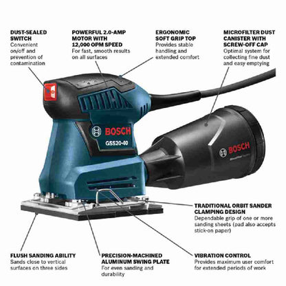 Bosch GSS20-40 2 Amp 1/4-Sheet Orbital Finishing Sander showing features of sander