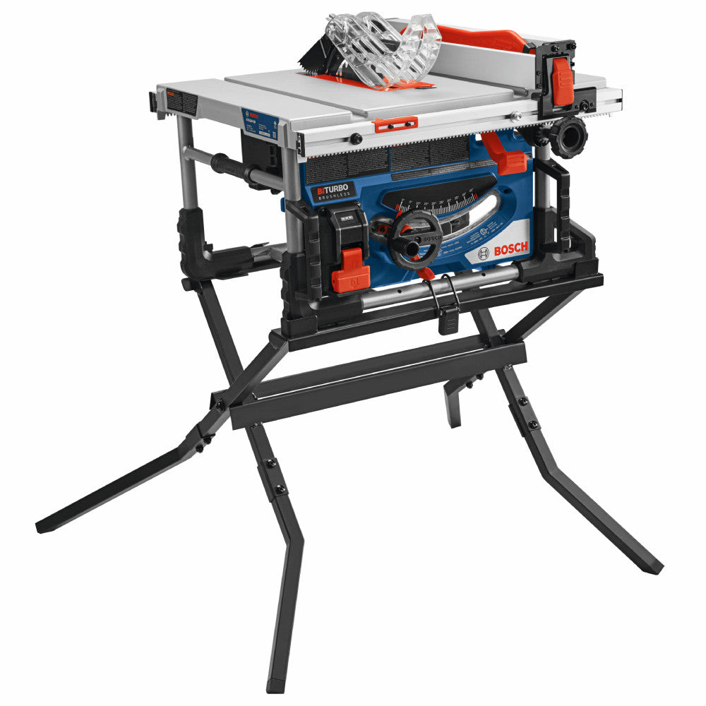 Bosch RBGTA570 Folding Table Saw Scissor Stand showing with the saw mounted to the stand